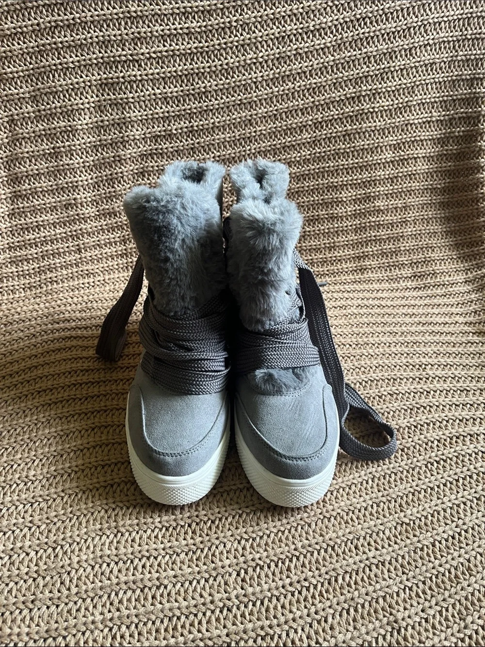 Time and Tru Gray Faux-Fur Lace-Up Winter Boots